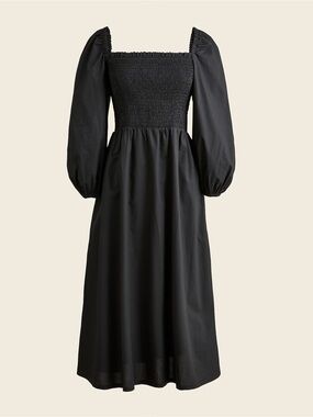 Crew Black Smocked Puff Sleeve Midi Dress XS 100% Cotton